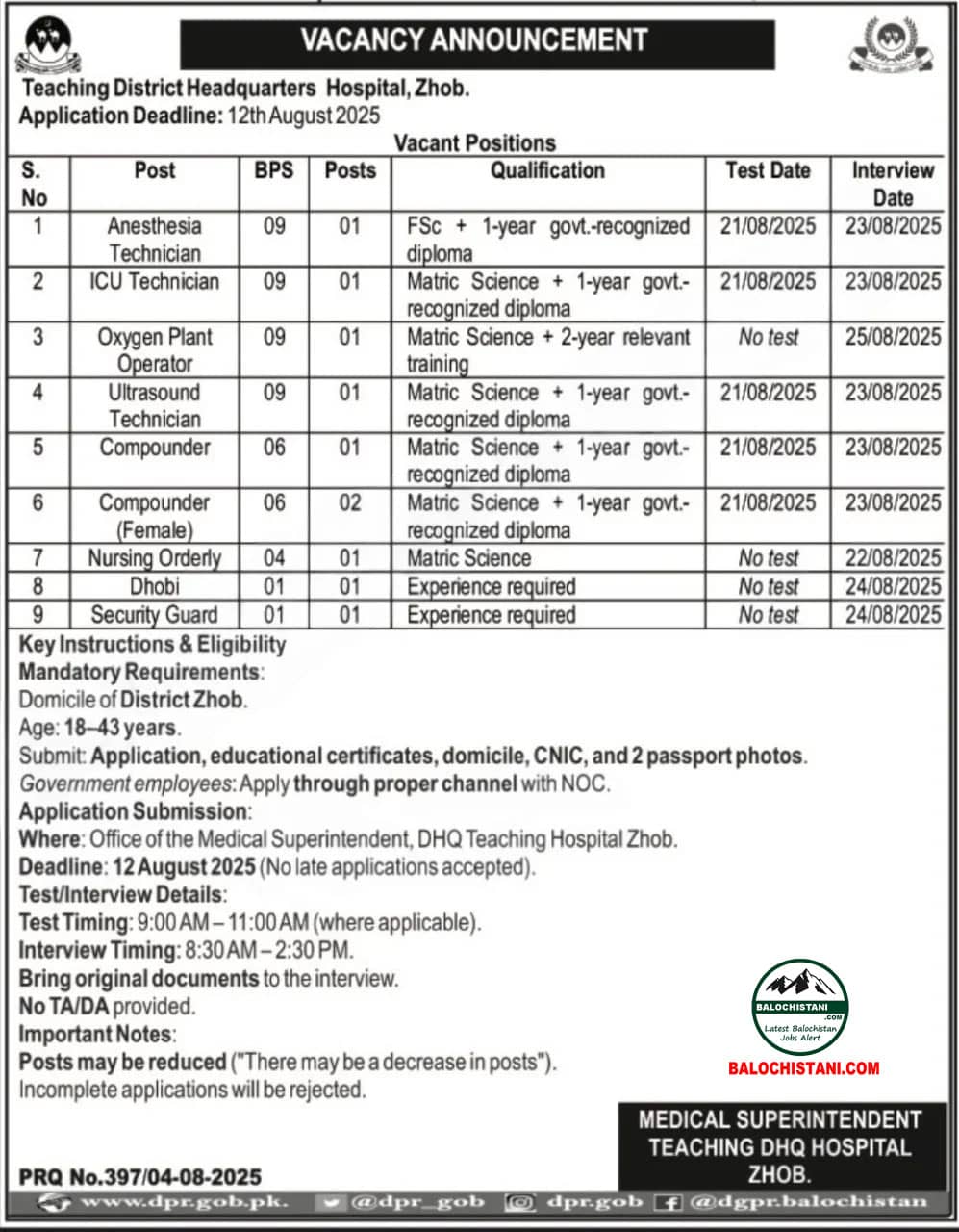 District Teaching Hospital Zhob Jobs 2025 Advertisement