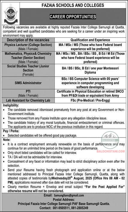 Fazaia School and College Jobs in Quetta 2025 Advertisement