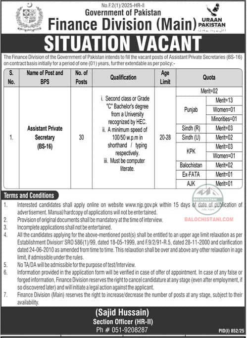 Finance Division Islamabad Jobs 2025 Advertisement