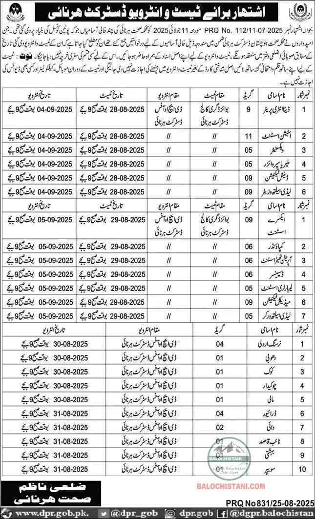 Health Department Balochistan Test Interview 2025 Advertisement