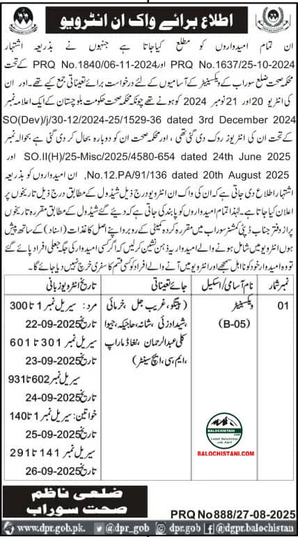 Health Department Surab Test & Interview Schedule 2025 Advertisement