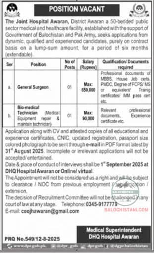 Jobs in Balochistan Joint Hospital Awaran 2025 Advertisement