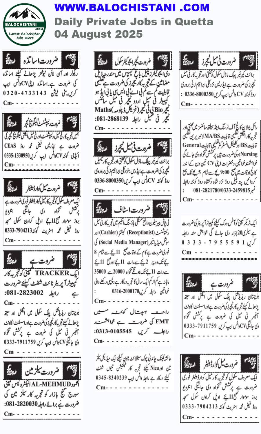 Latest Quetta Private Jobs Today 2025 Advertisement