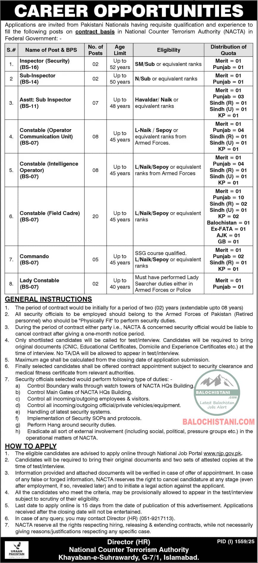 National Counter Terrorism Authority NACTA Jobs 2025 Advertisement
