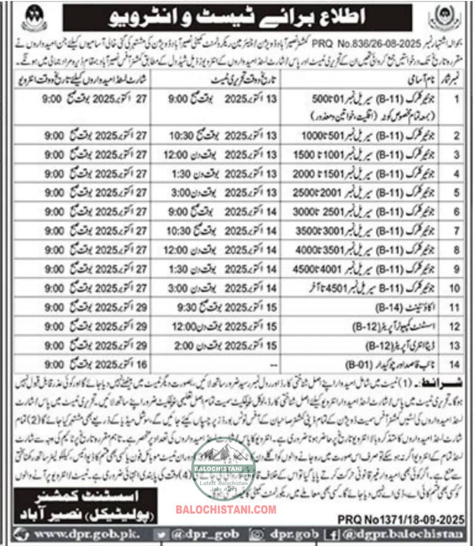 Assistant Commissioner Political Naseerabad Test Interview 2025 Advertisement 
