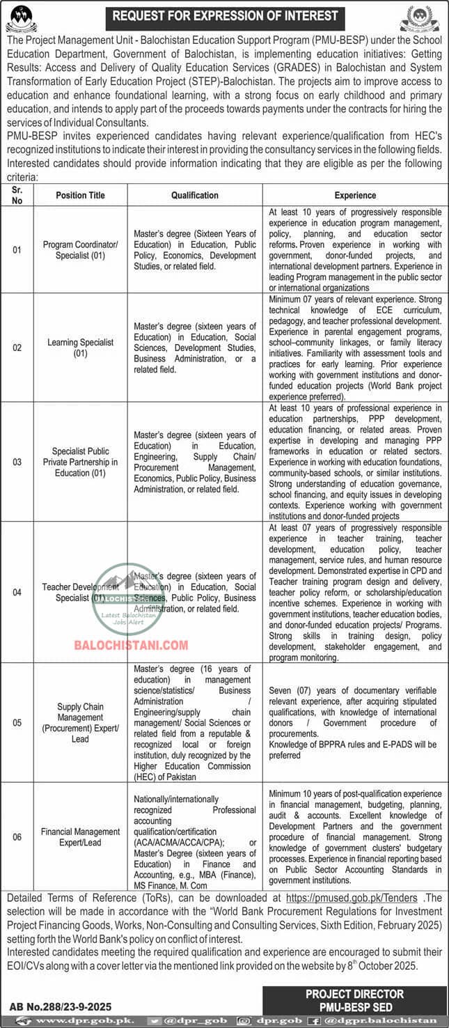 Balochistan Education Support Program BESP Jobs 2025