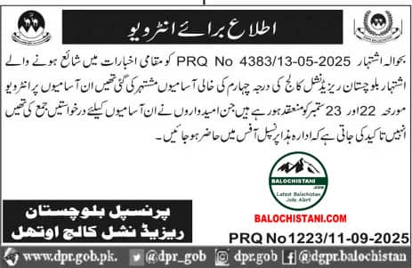Balochistan Residential College Uthal Interview Schedule 2025 Advertisement