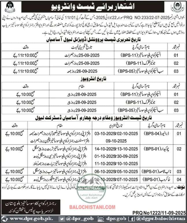Cooperative Societies Balochistan Quetta Jobs Interview 2025 Advertisement