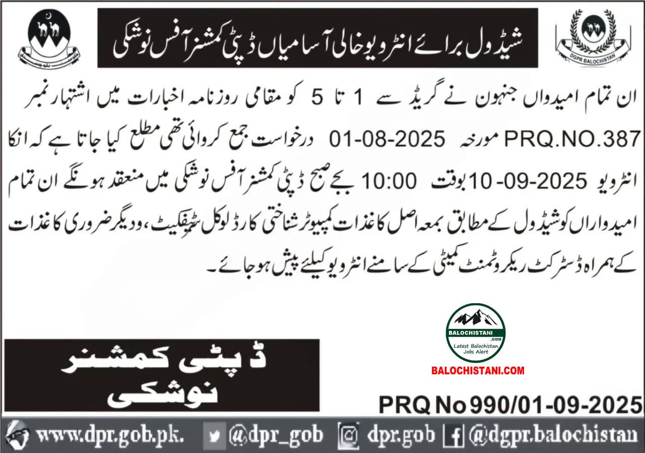 Deputy Commissioner Nushki Test Interview 2025 Advertisement