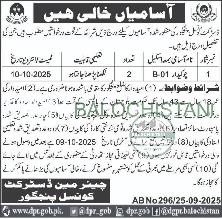 District Council Panjgur Jobs 2025 Advertisement 