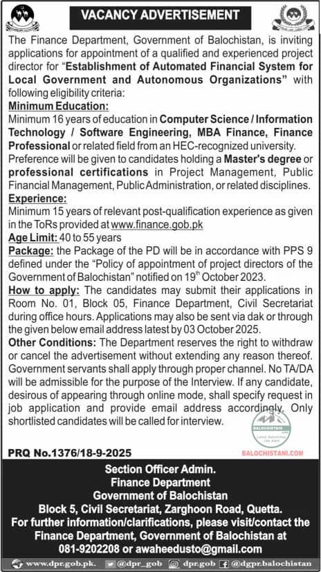Finance Department Jobs Quetta 2025 Advertisement 