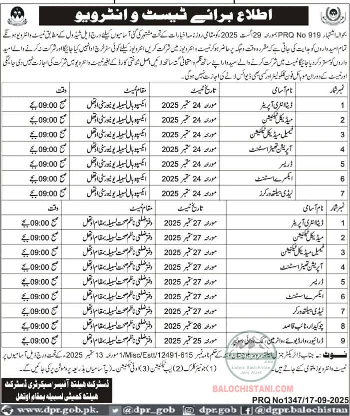 Health Department Lasbela Test & Interview Schedule 2025 Advertisement 