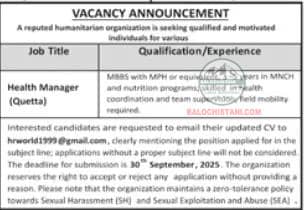 Humanitarian Organization NGO Quetta Jobs 2025 Advertisement 
