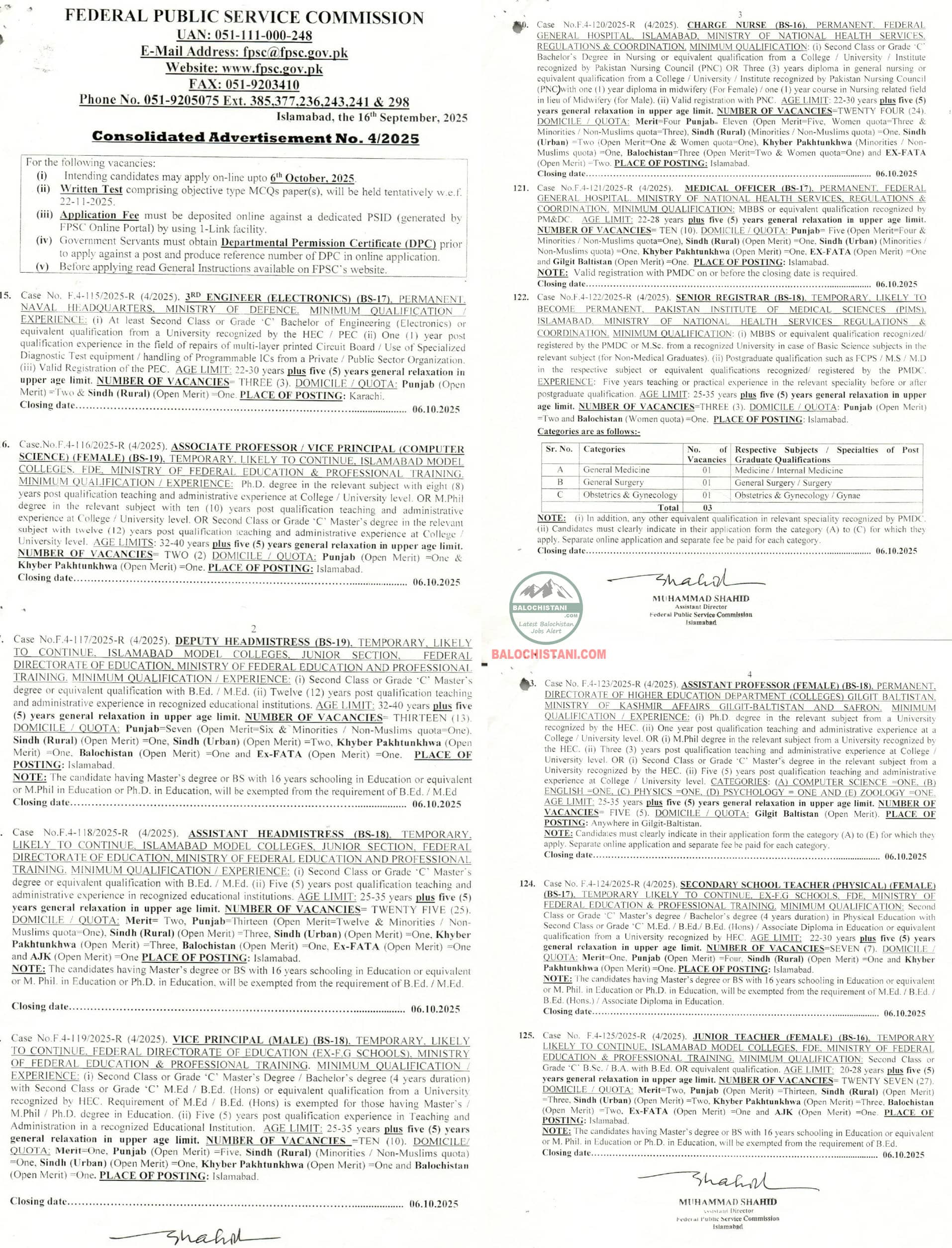 Latest FPSC Jobs 2025 Advertisement 