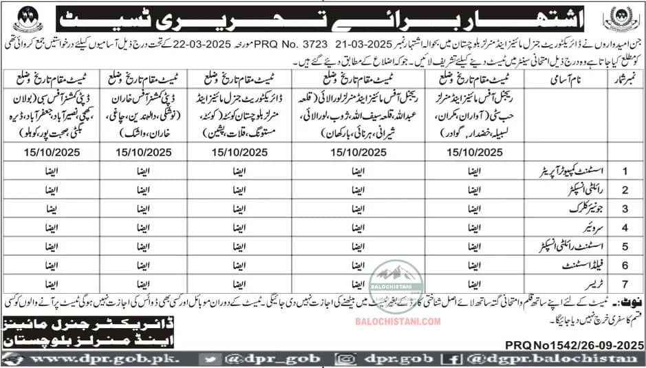 Mines and Minerals Department Test Interview 2025 Advertisement 