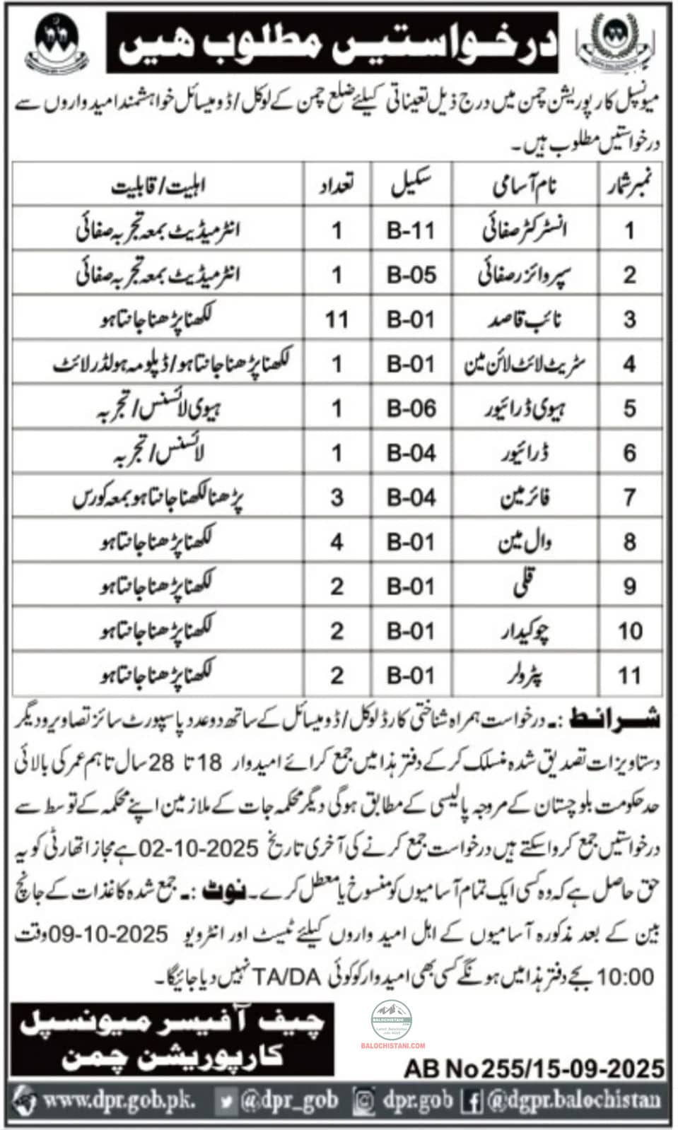Municipal Committee Chaman Jobs 2025 Advertisement