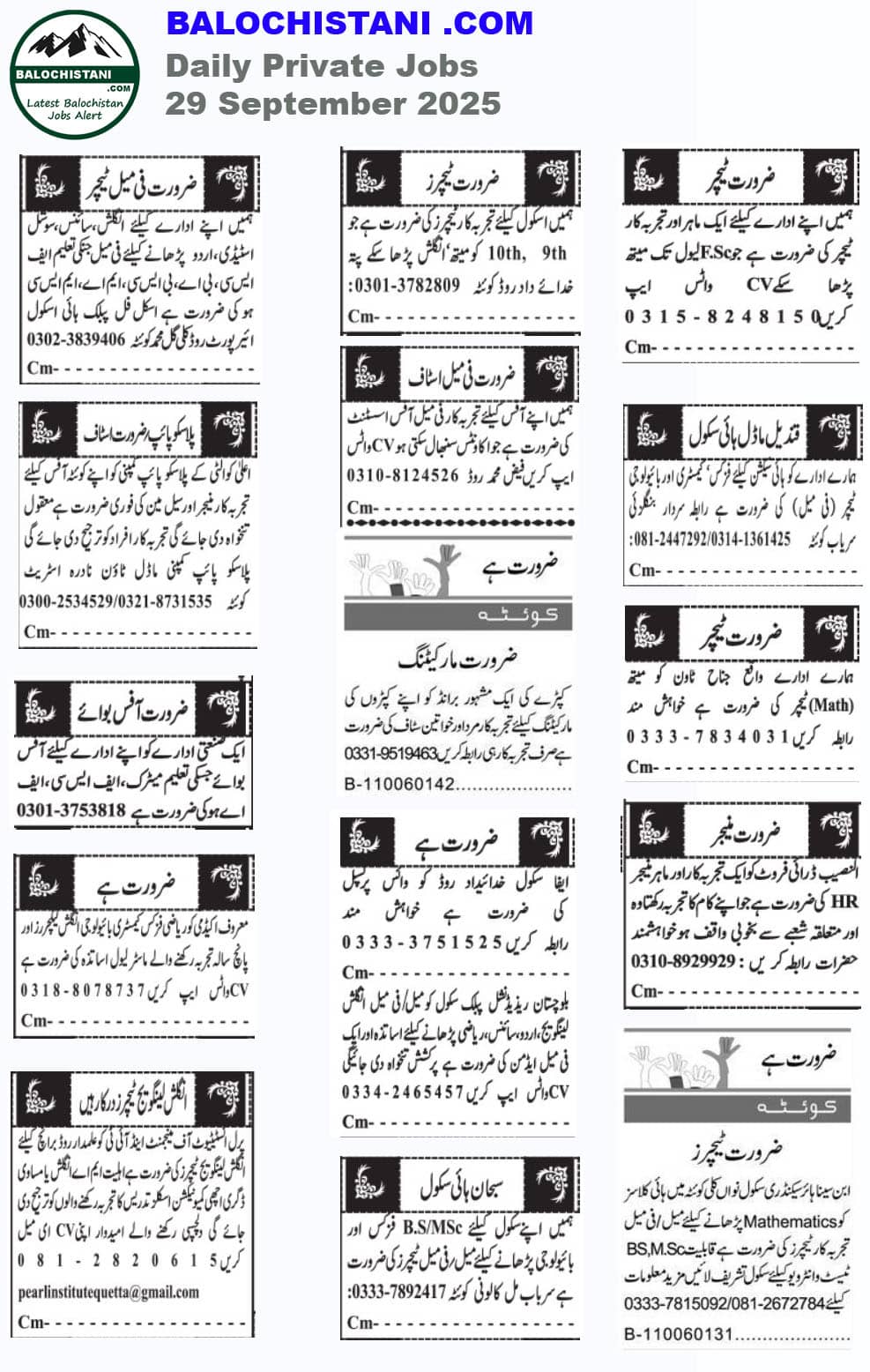 Newspaper Private Jobs in Quetta Today 2025