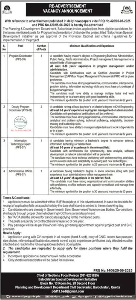 Planning and Development Department Balochistan Jobs 2025 Advertisement 