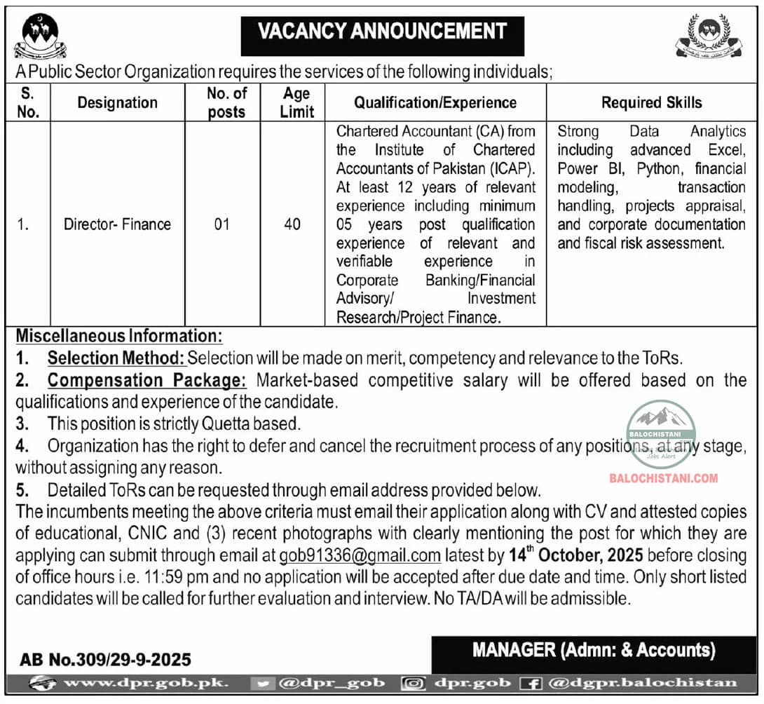 Public Sector Organization Quetta Jobs 2025 Advertisement 