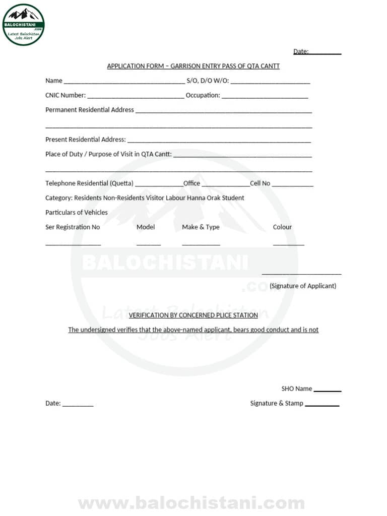 Quetta Cantt Pass Form 2025