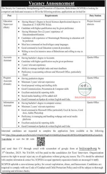 Society for Community Strengthening Balochistan Jobs 2025 Advertisement 