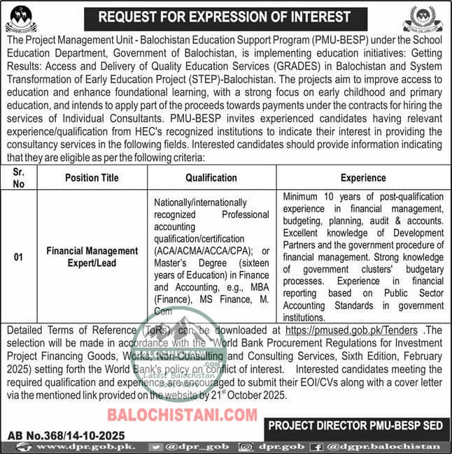 Balochistan Education Support Program Quetta Jobs 2025 Advertisement