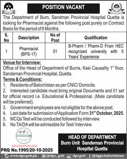 Burn Unit Sandeman Provincial Hospital Quetta Jobs 2025 Advertisement