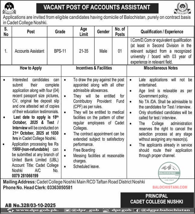 Cadet College Nushki Jobs 2025 Advertisement 