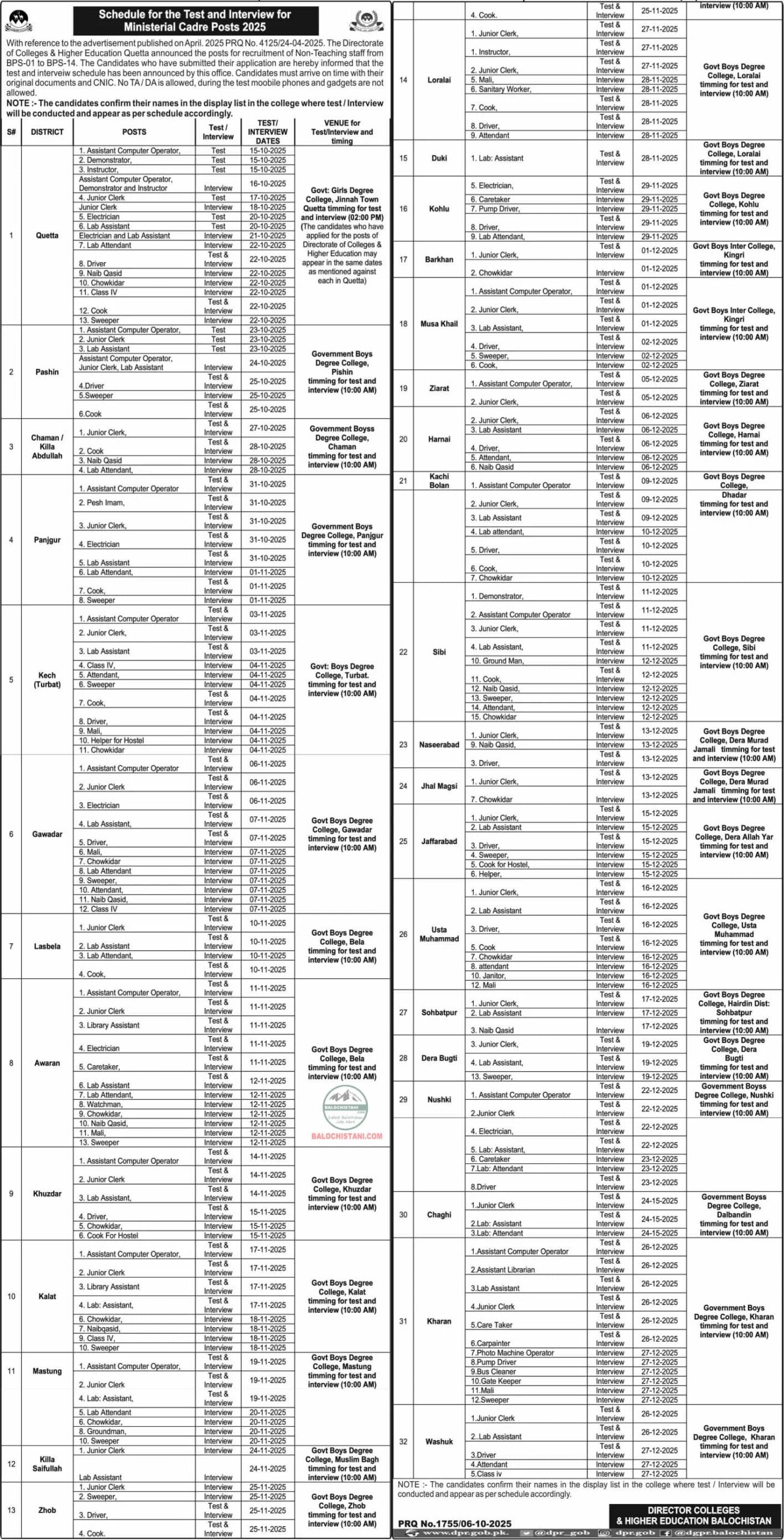 Colleges and Higher Education Balochistan Test Interview Schedule 2025 Advertisement 