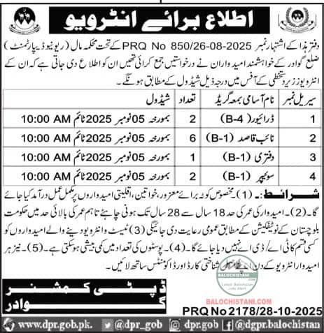 Deputy Commissioner Gwadar Jobs Interview Schedule 2025 Advertisement