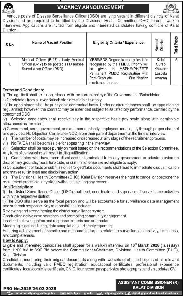 Divisional Health Department Kalat Jobs 2026 Advertisement