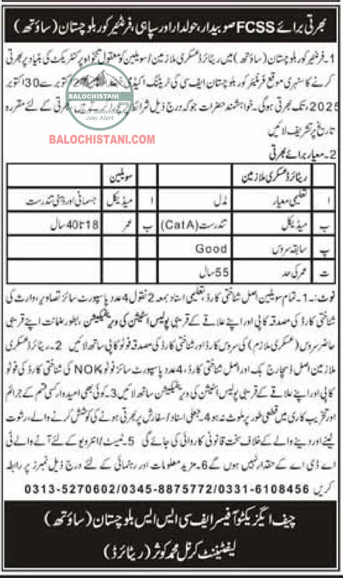 Frontier Corps Balochistan South Jobs 2025 Advertisement