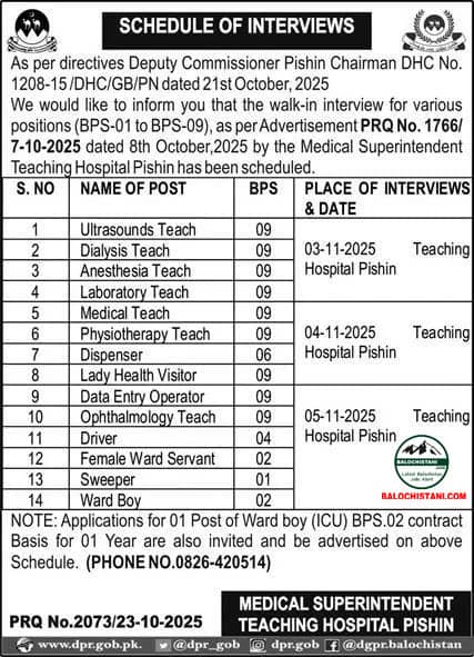 Health Department Pishin Test Interview Schedule 2025 Advertisement
