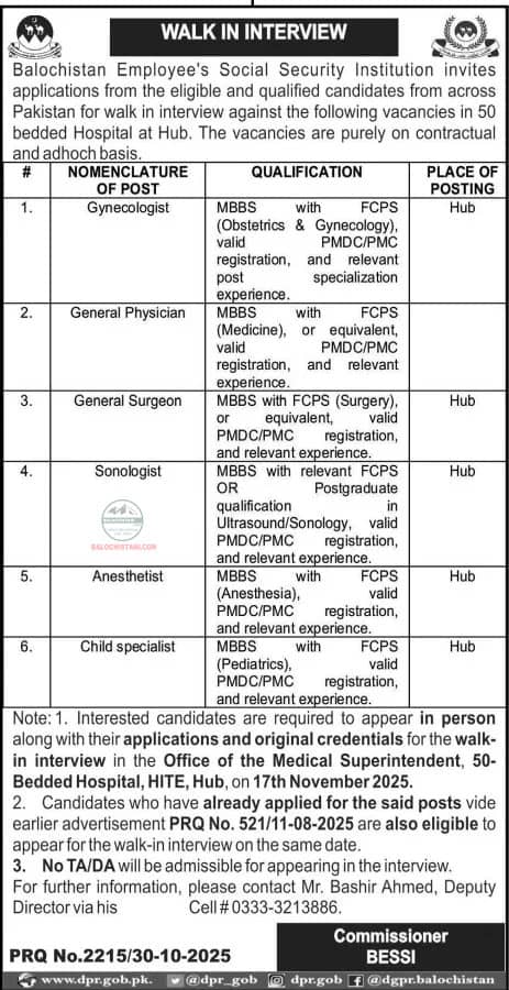 Jobs in Balochistan Employees Social Security Institution Hub 2025 Advertisement
