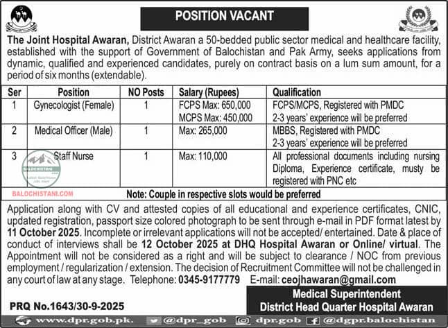 Joint Hospital Awaran Balochistan Jobs 2025 Advertisement 