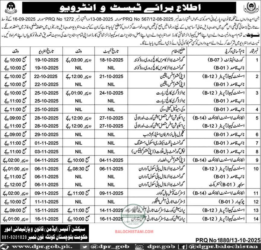 Law & Parliamentary Affairs Department Jobs Interview 2025 Advertisement