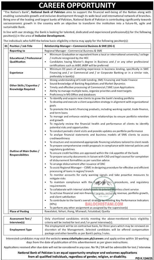 National Bank of Pakistan Jobs in Quetta 2025 Advertisement