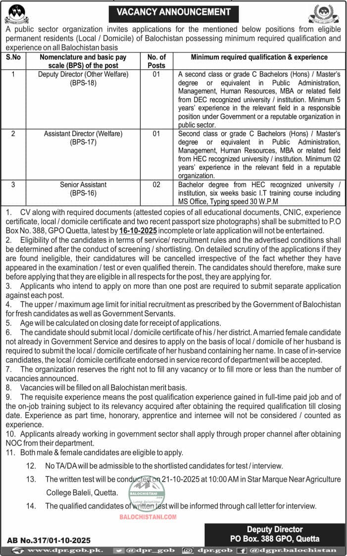 PO Box No 388 GPO Quetta Jobs 2025 Advertisement 