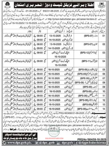 Prisons Department Balochistan Test Interview 2025 Advertisement