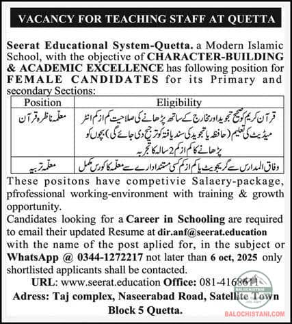 Private Jobs in Quetta For Female 2025 Advertisement 