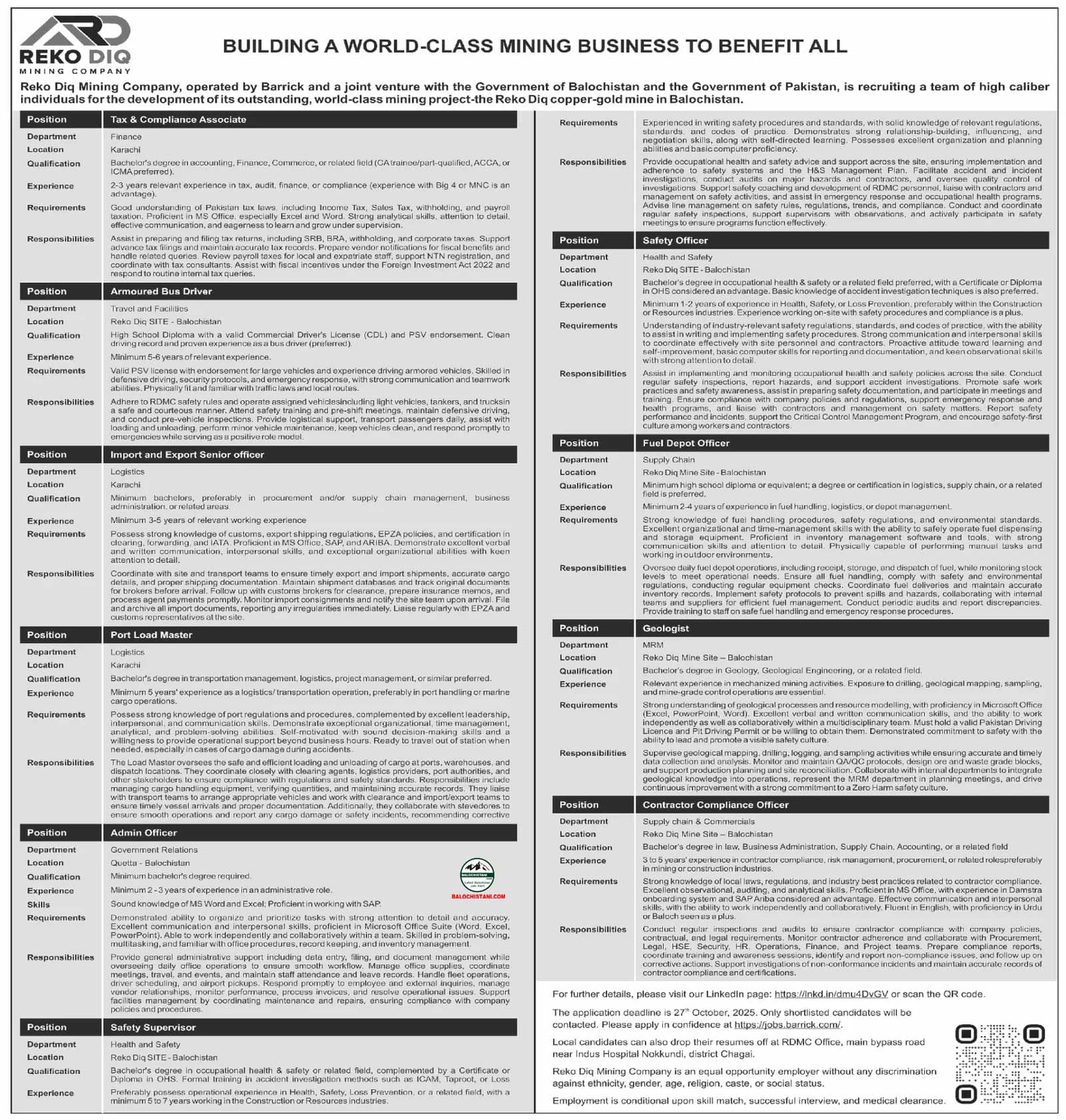 Reko Diq Careers 2025 Advertisement