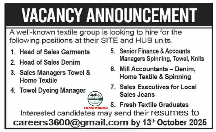 Textile Group Jobs in Hub Chowki Balochistan 2025 Advertisement