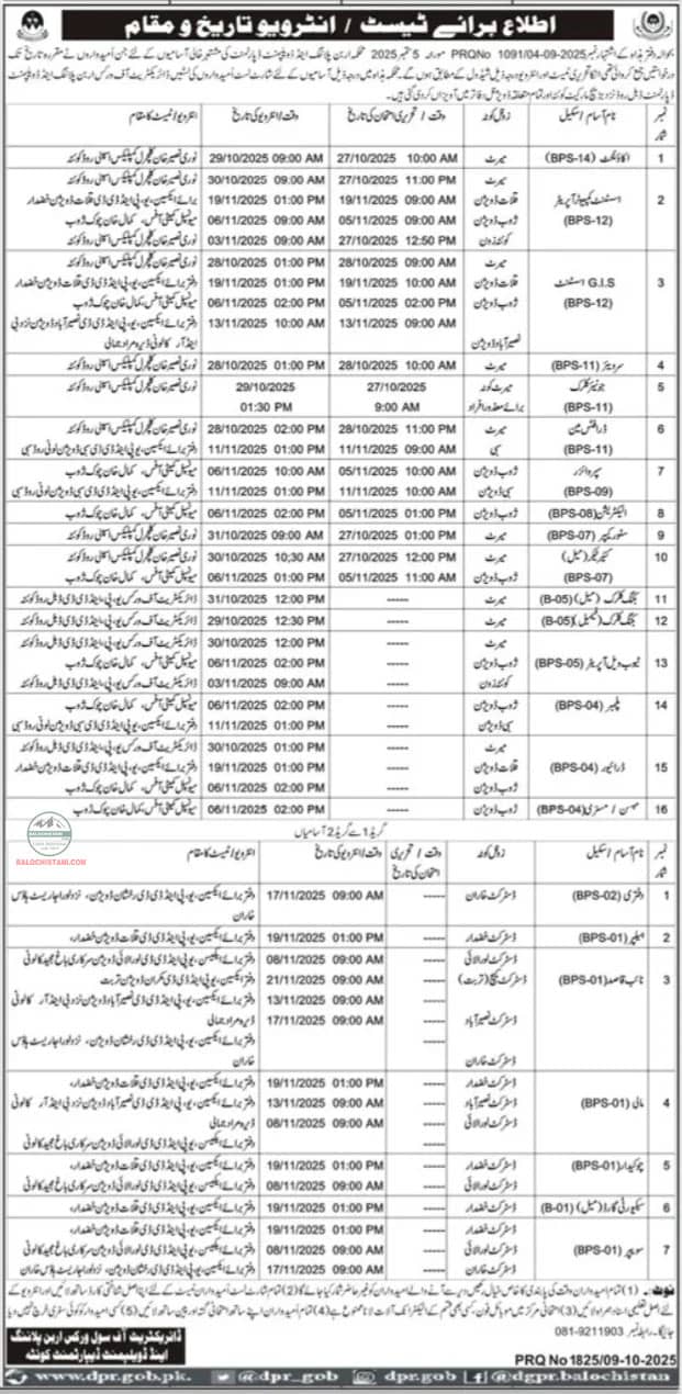 Urban Planning and Development Department Balochistan Interview 2025 Advertisement