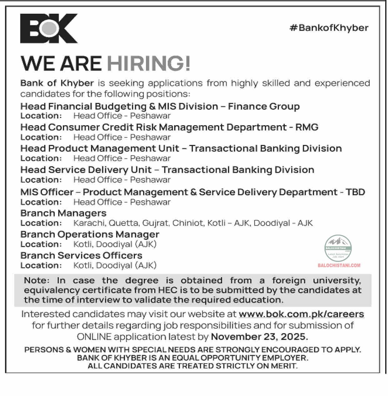 Bank of Khyber BOK Jobs 2025 Advertisement