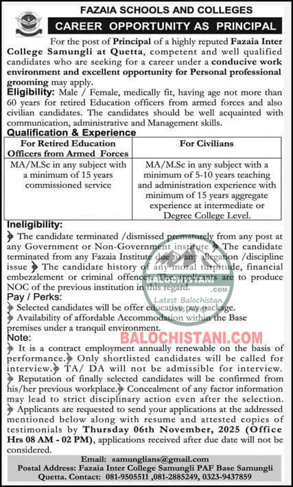 Fazaia Schools and Colleges Quetta Jobs 2025 Advertisement