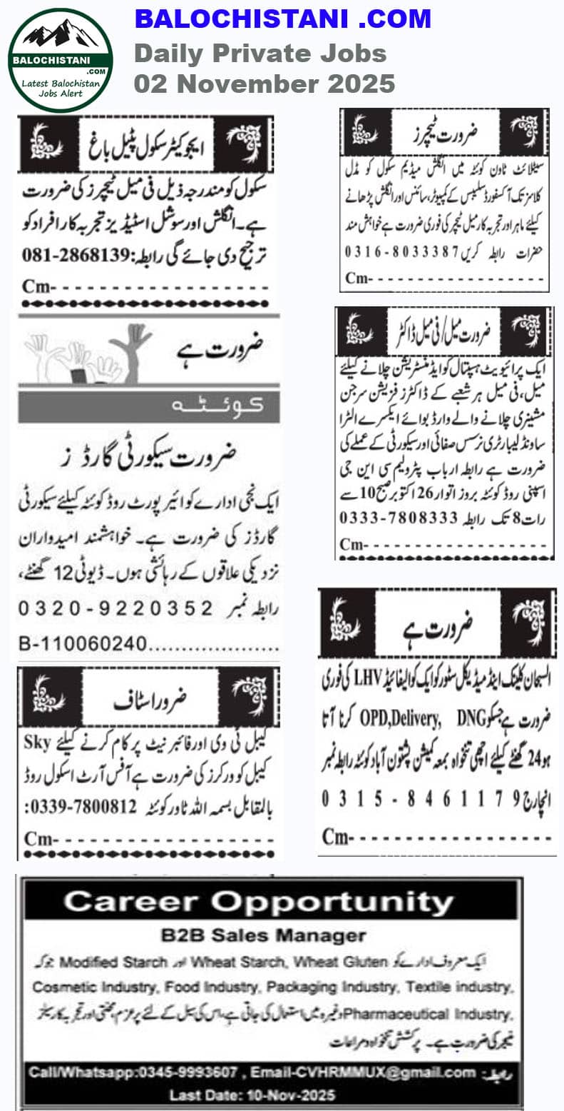 Jang Newspaper Private jobs in Quetta 2025