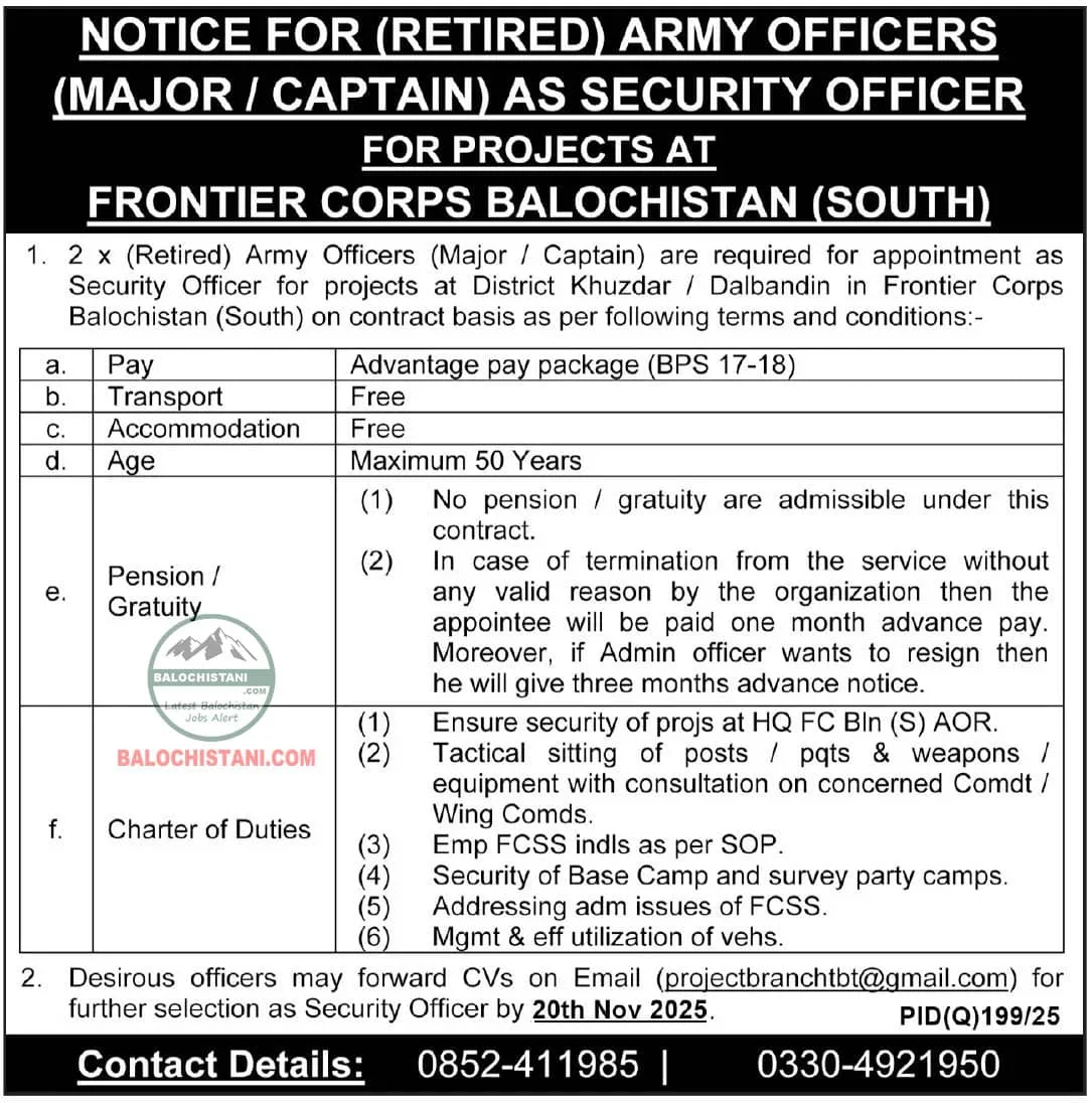 Jobs in Balochistan FC South 2025 Advertisement