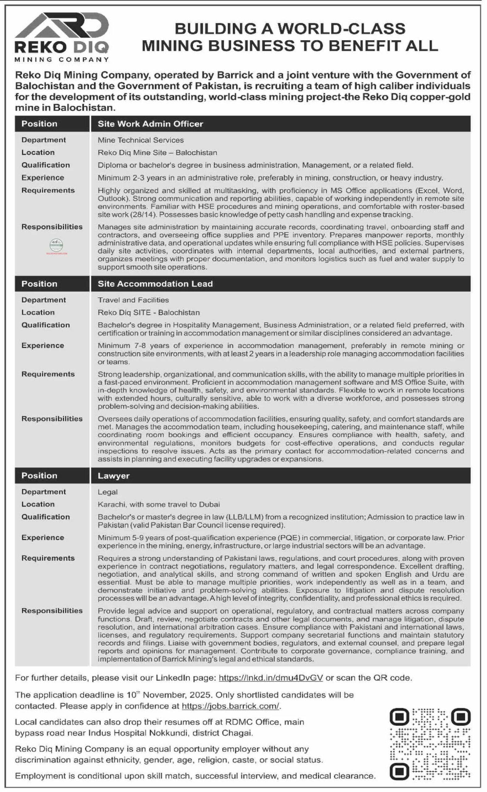 Jobs in Balochistan Reko Diq Project 2025 Advertisement 