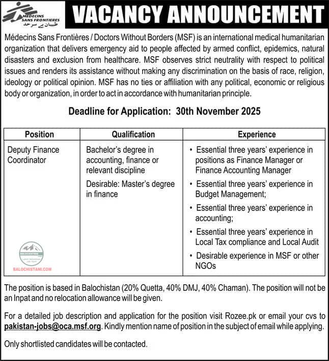Jobs in Medecins Sans Frontieres MSF Balochistan 2025