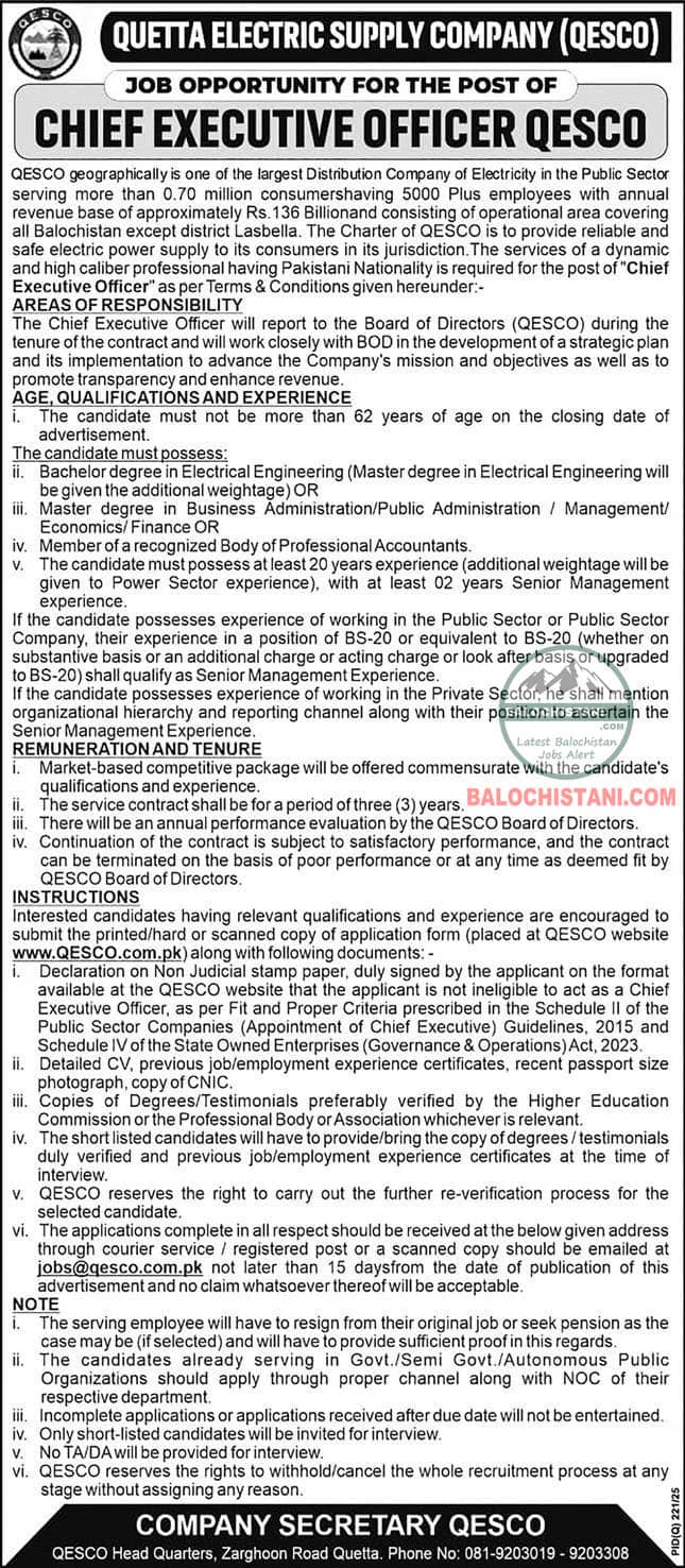 Jobs in Quetta Electric Supply Company QESCO 2025 Advertisement